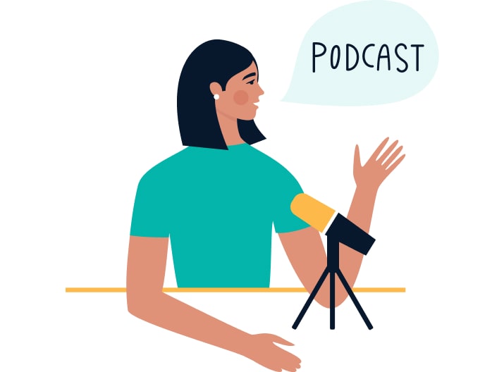 an illustration a girl is sitting in front of a desk and podcasting with a microphone on the desk