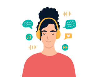 An illustration of a girl with headphone which surrounded by speech bubble, sound wave, music and like icons