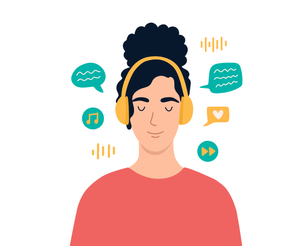An illustration of a girl with headphone which surrounded by speech bubble, sound wave, music and like icons