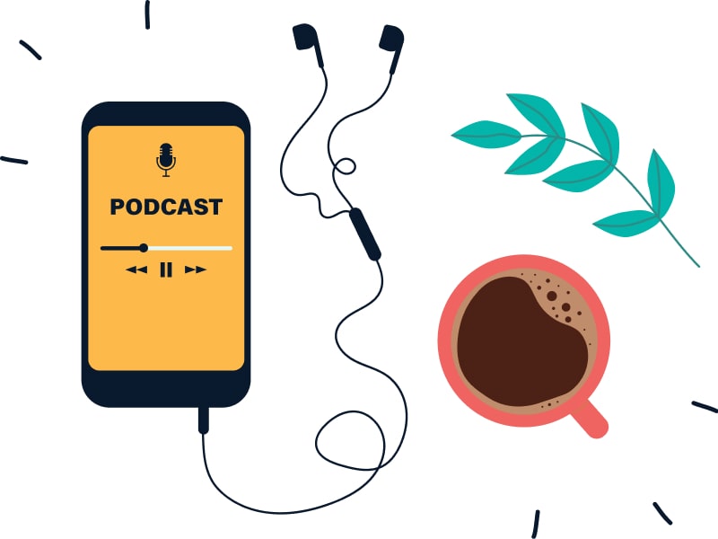 smart phone with earphone on and playing podcast on screen and placed next to a cup of coffee and a branch of leaves