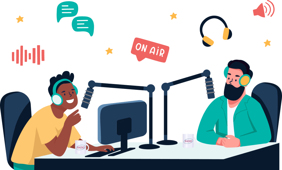 two male podcasters are on air with a bunch of podcasting elements floating above their heads