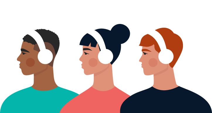 an illustration of five people with headphone circled in a circle