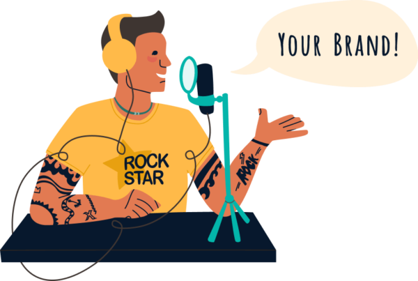 a rock podcaster is on air with the speech bubble saying your brand!