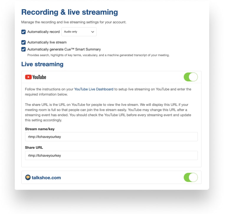 streaming setting page