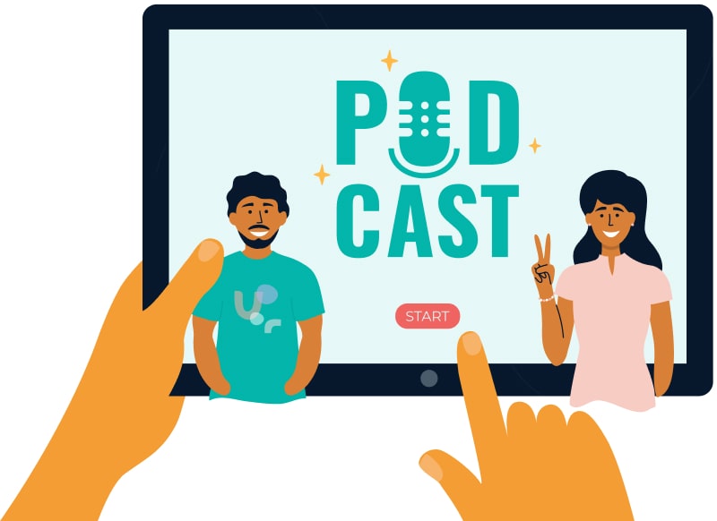 an illustration of a iPad with a female and male podcastors on the screen