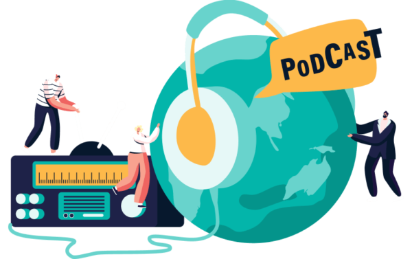 an illustration of an earth with headphone on it and a speech bubble with podcast in it, which surrounded by three people and a radio